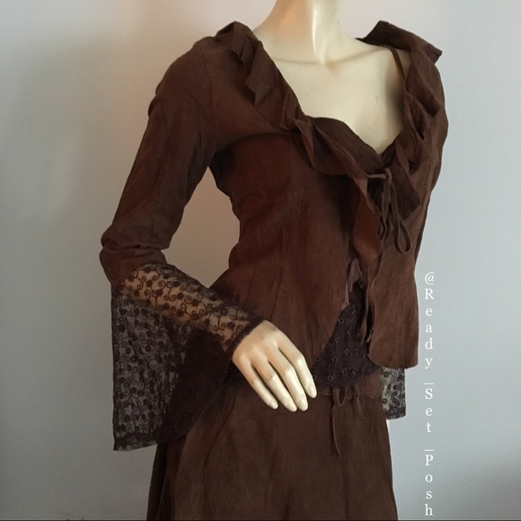 Ruffled tie front suede top or jacket with bell sleeve size small - Picture 2 of 7